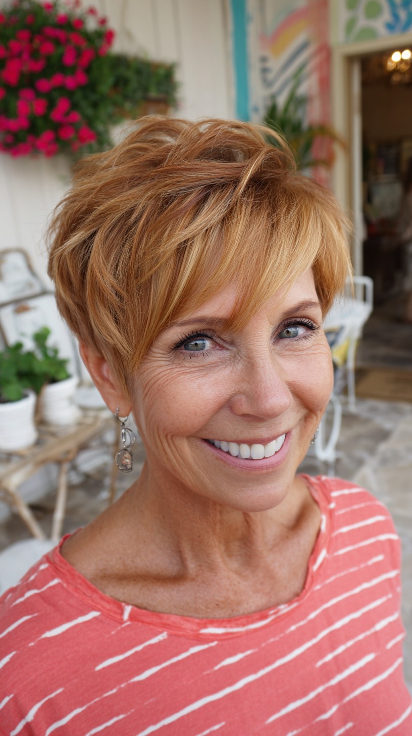 Textured Short Pixie with Side-Swept Fringe and Strawberry-Gold Dimension