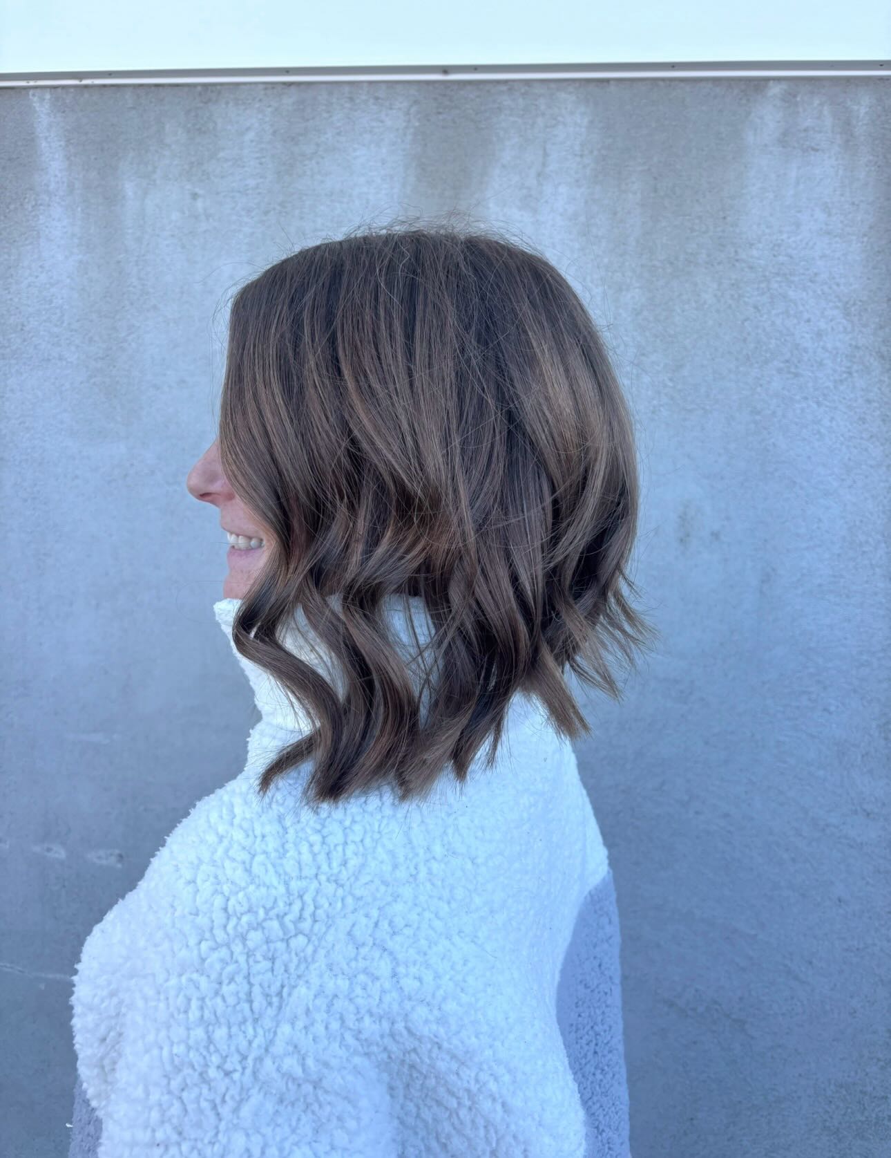Textured Shoulder-Length Angled Lob with Ash-Brown Dimension