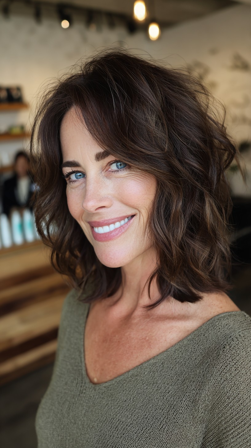 Textured Shoulder-Length Layered Lob with Face-Framing Curtain Layers