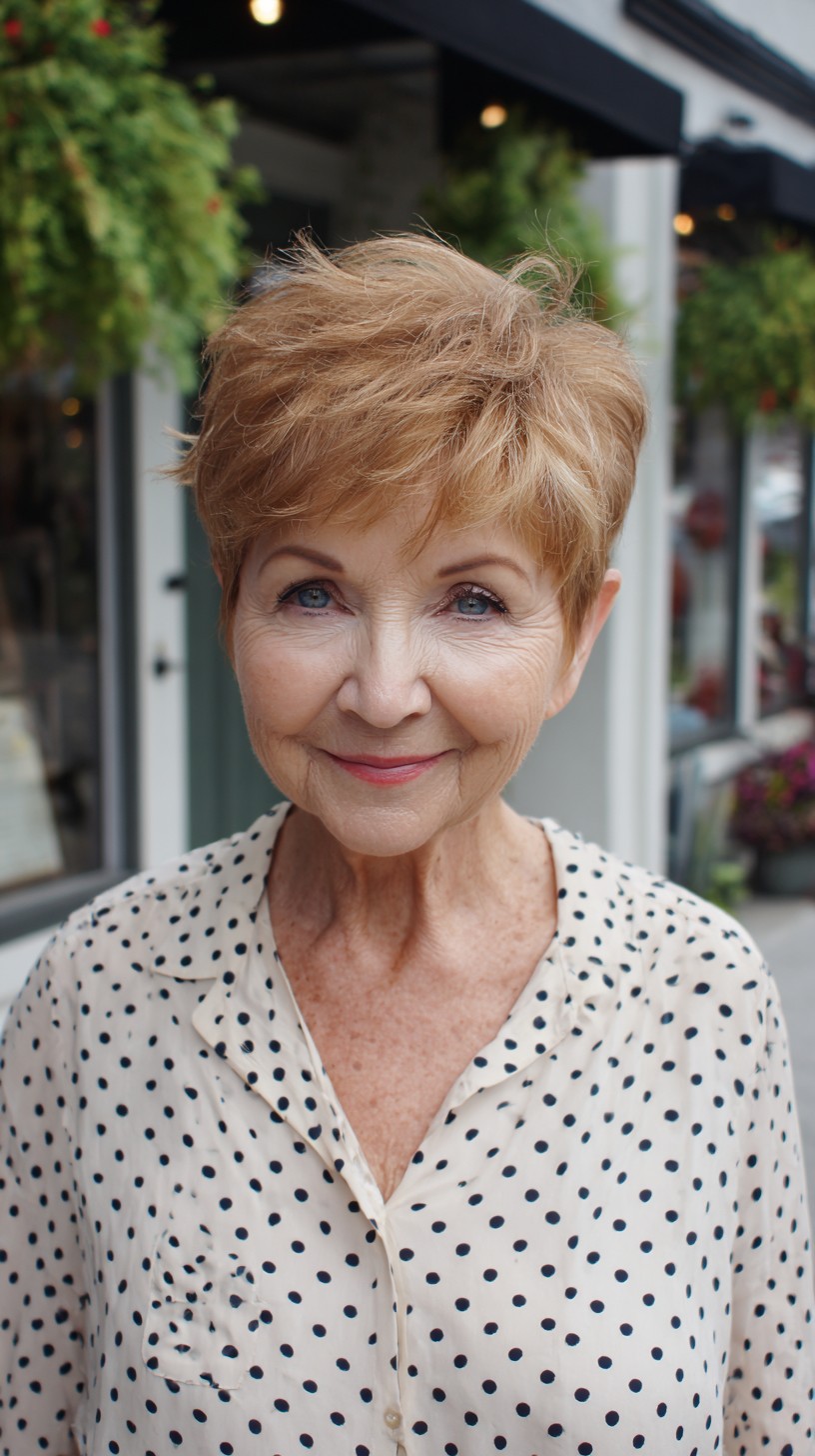 Textured Strawberry Blonde Pixie with Tapered Nape and Feathered Micro-Fringe