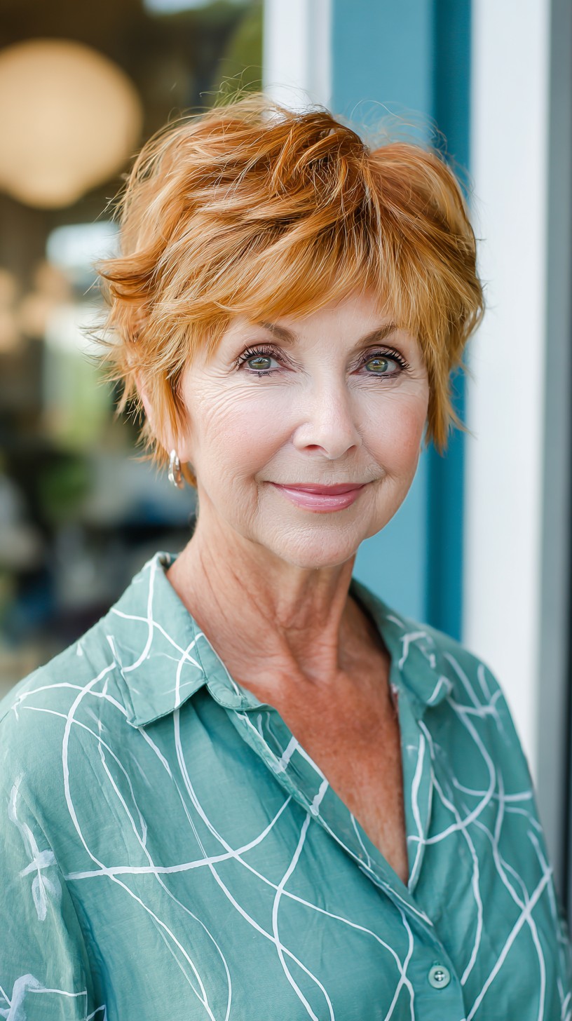 Textured Strawberry Blonde Short Layered Pixie with Soft Side Fringe