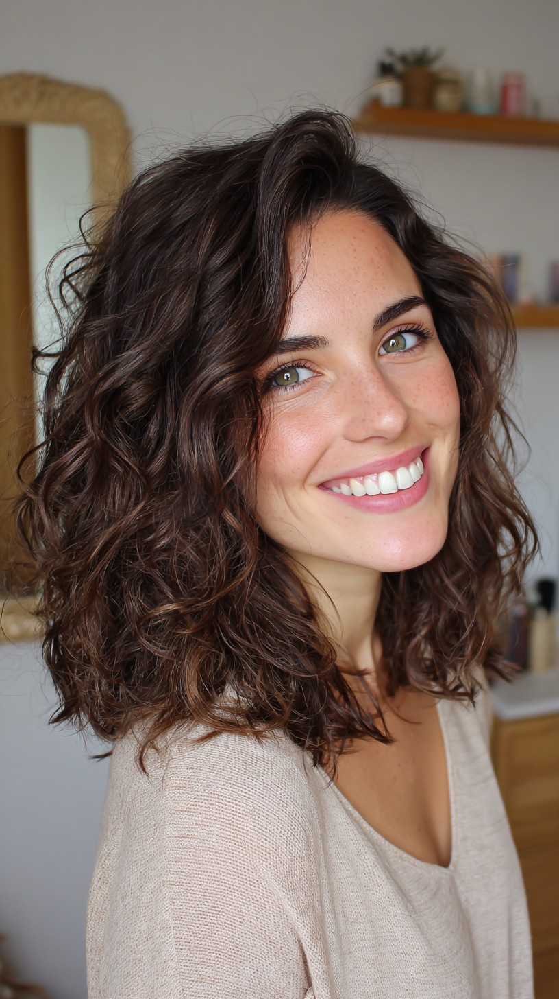 Tousled Deep-Brunette Curly Shoulder-Grazing Lob