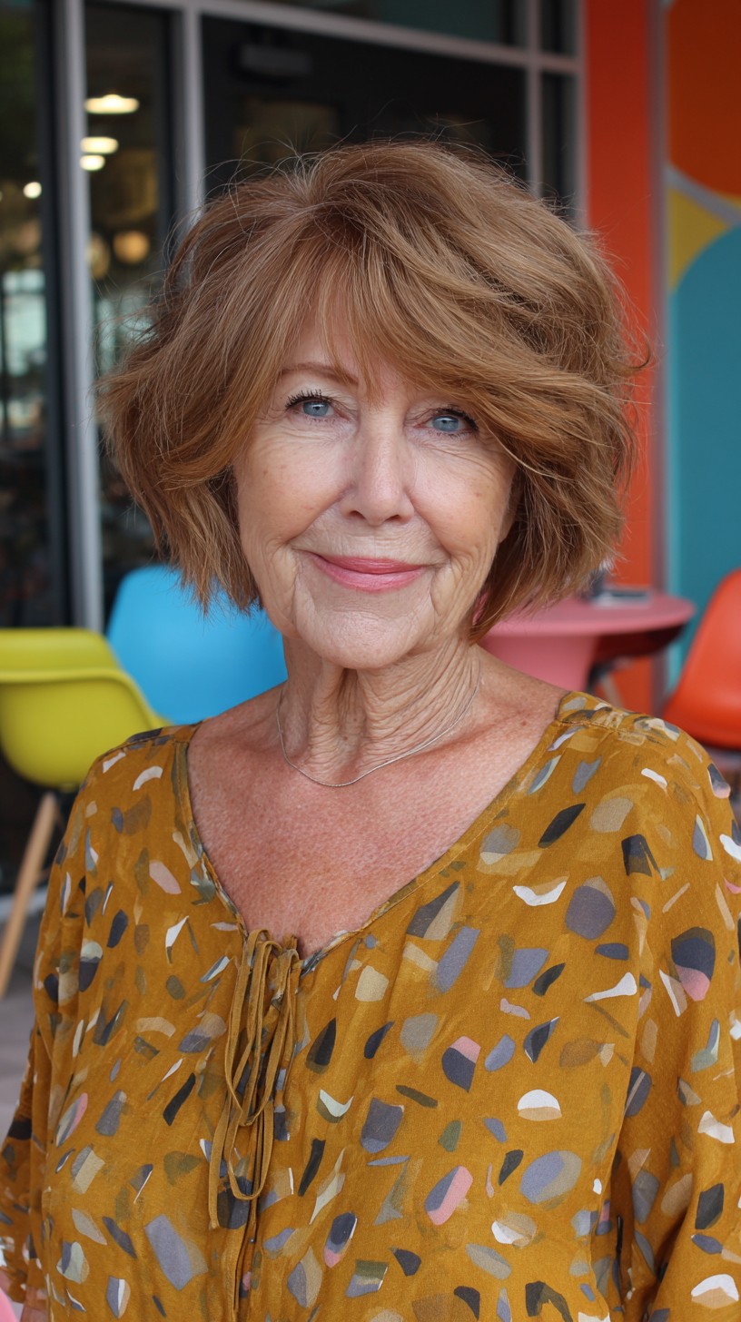 Voluminous Chestnut Stacked Bob with Feathered Side Fringe