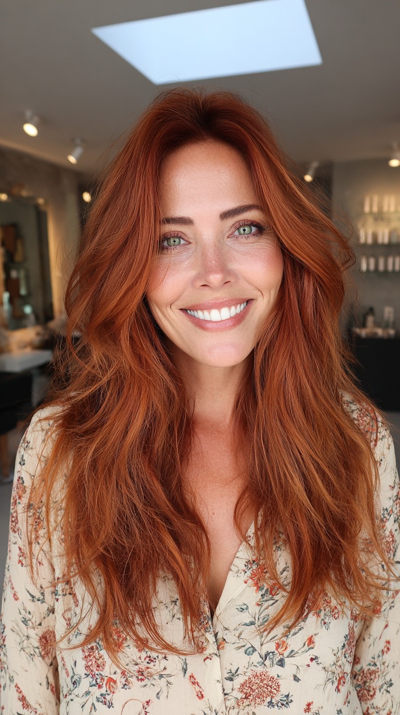 Voluminous Copper Long Layered Cut with Curtain Fringe