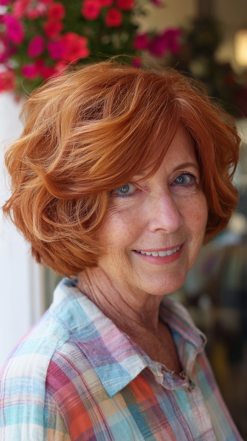 Voluminous Copper Stacked Chin-Length Bob with Side-Swept Fringe