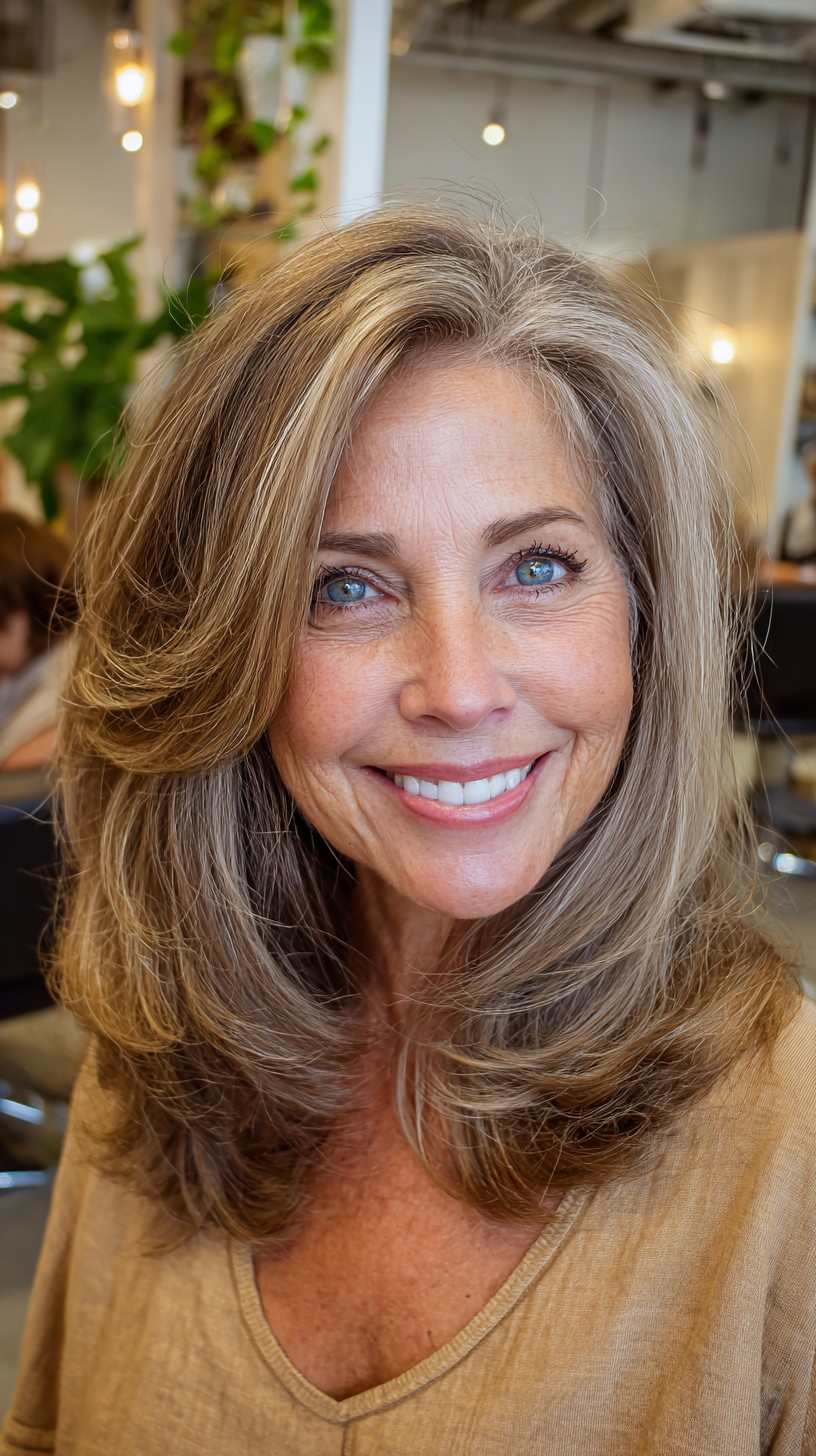 Voluminous Feathered Shoulder-Length Cut with Natural Gray Blend