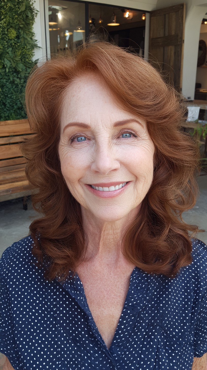 Voluminous Warm Auburn Shoulder-Length Layers with S-Curve Waves