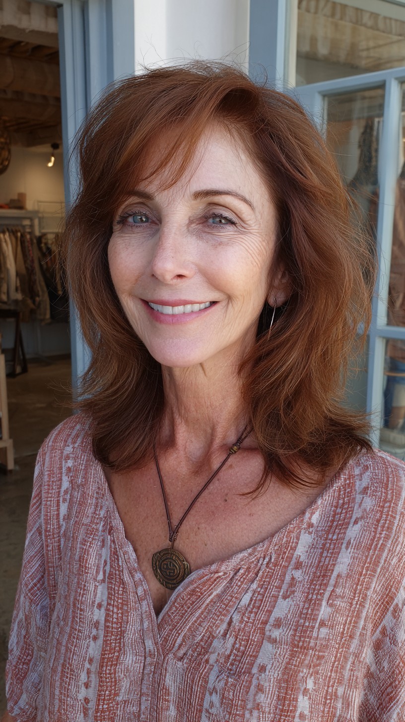 Warm Auburn Rounded Mid-Length Layers with Wispy Side Fringe