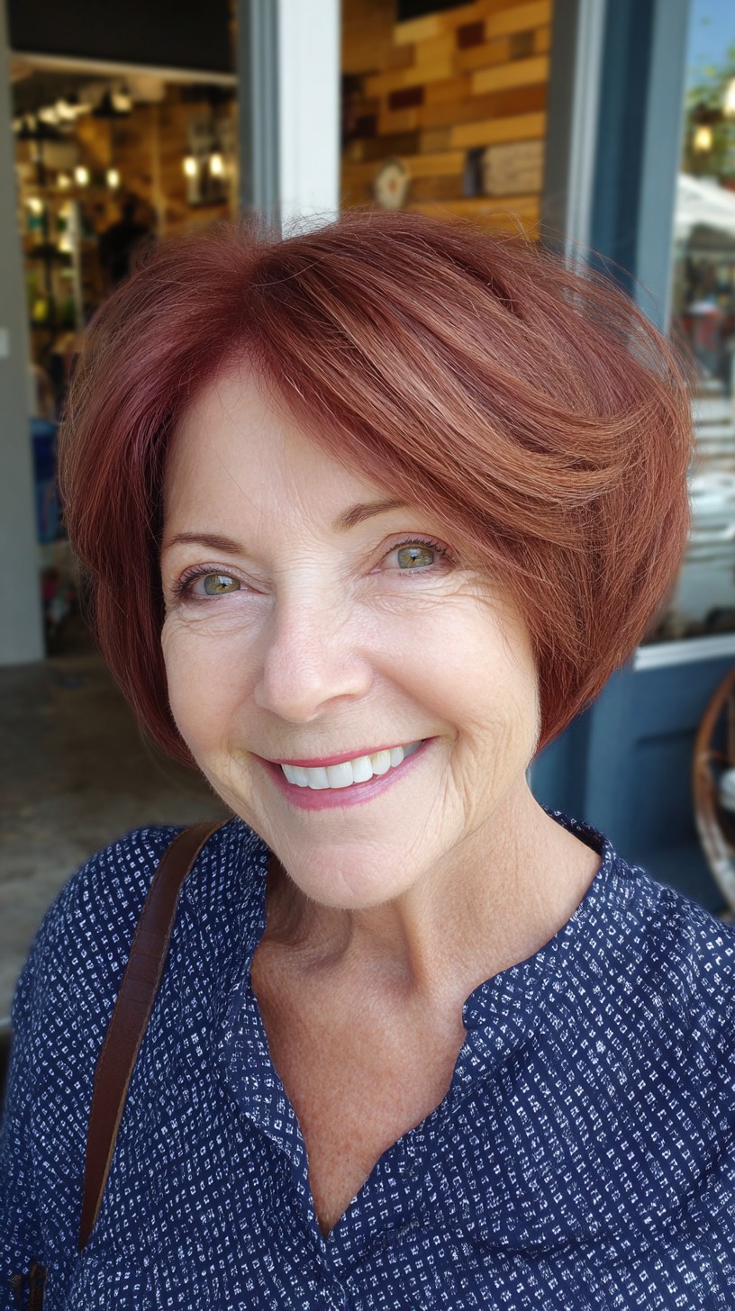 Warm Auburn Stacked Short Bob with Soft Side Sweep