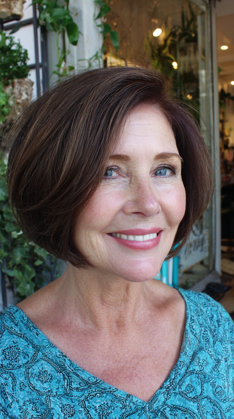 Warm Brown Rounded Stacked Chin-Length Bob with Deep Side Part