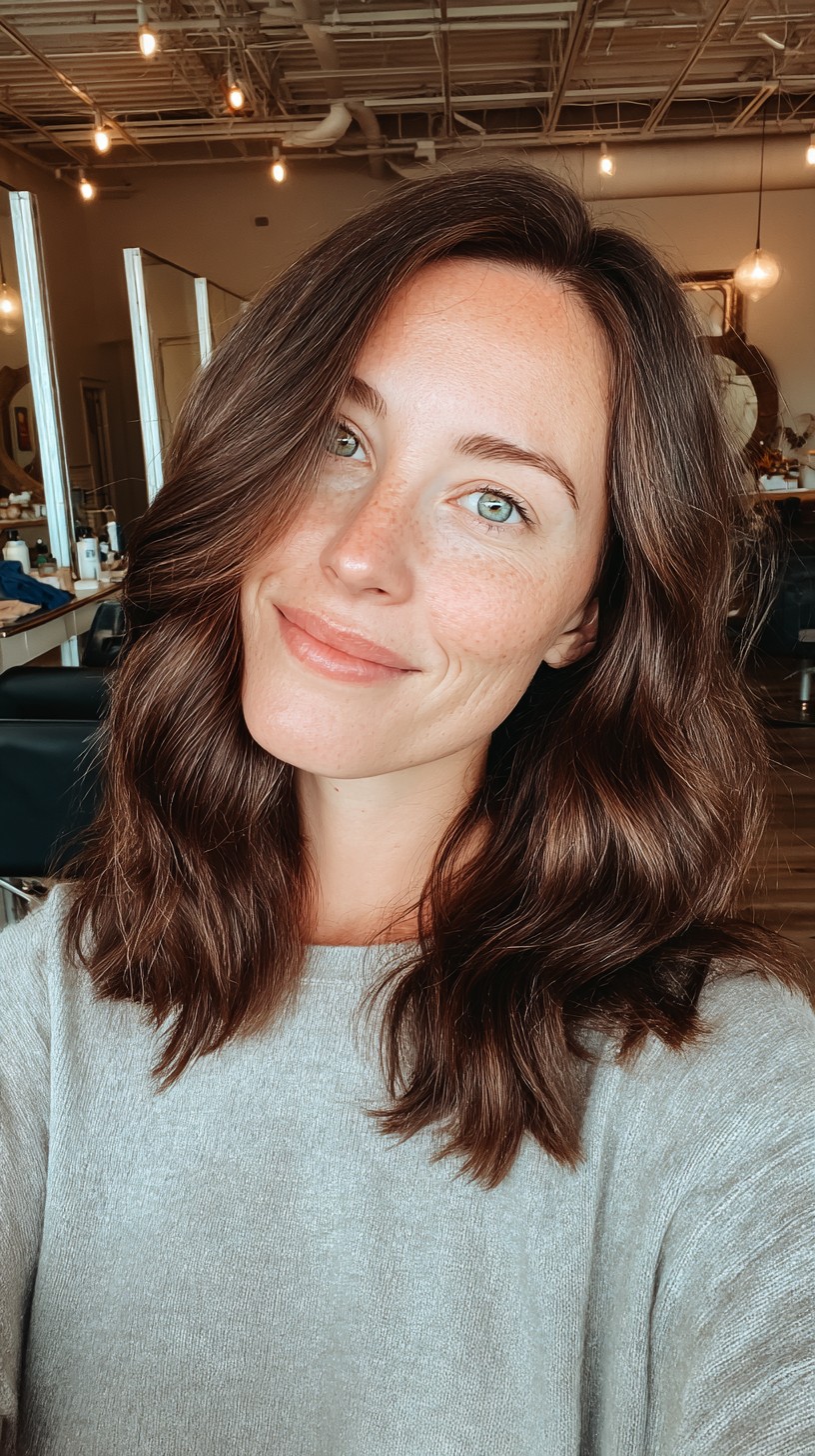 Warm Brunette Shoulder-Length Lob with Sculpted Mid-Length Layers