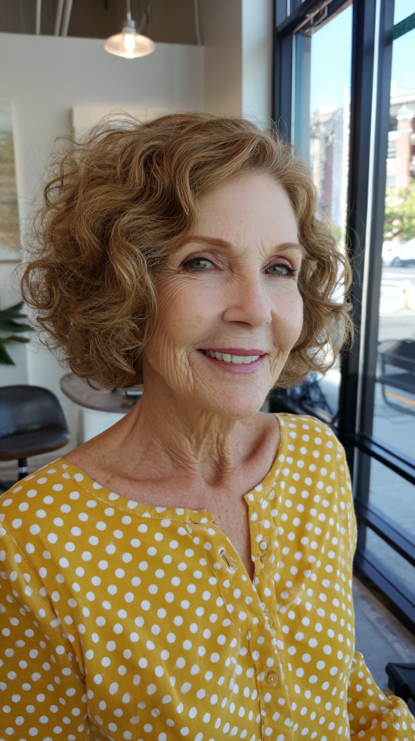 Warm Caramel Curly Chin-Length Bob with Face-Framing Layers