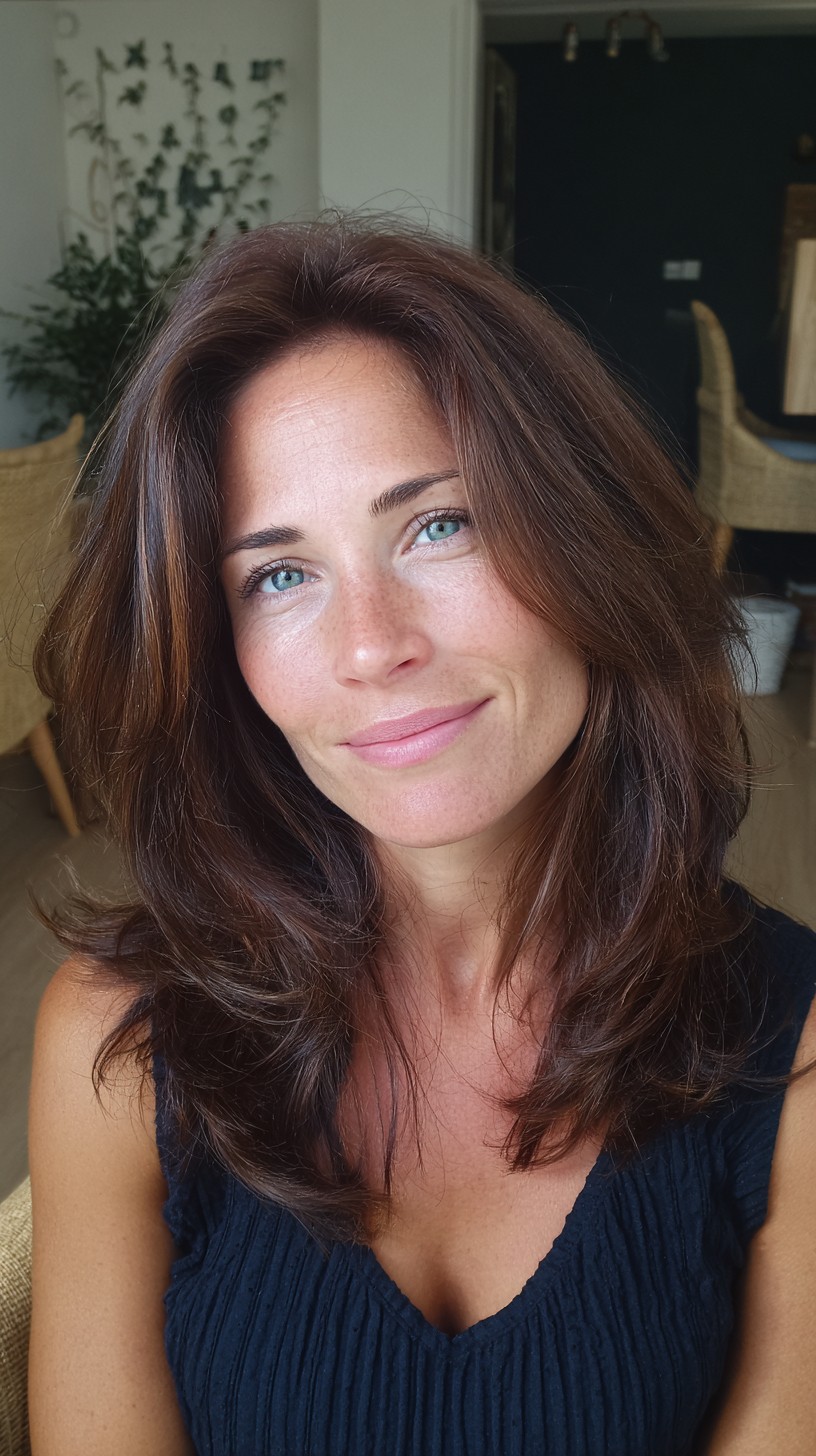 Warm Chestnut Face-Framing Layers with Subtle Babylights