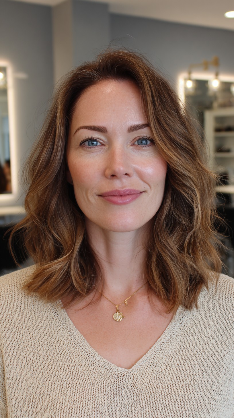 Warm Chestnut Mid-Length Lob with Root Lift and Micro-Lights