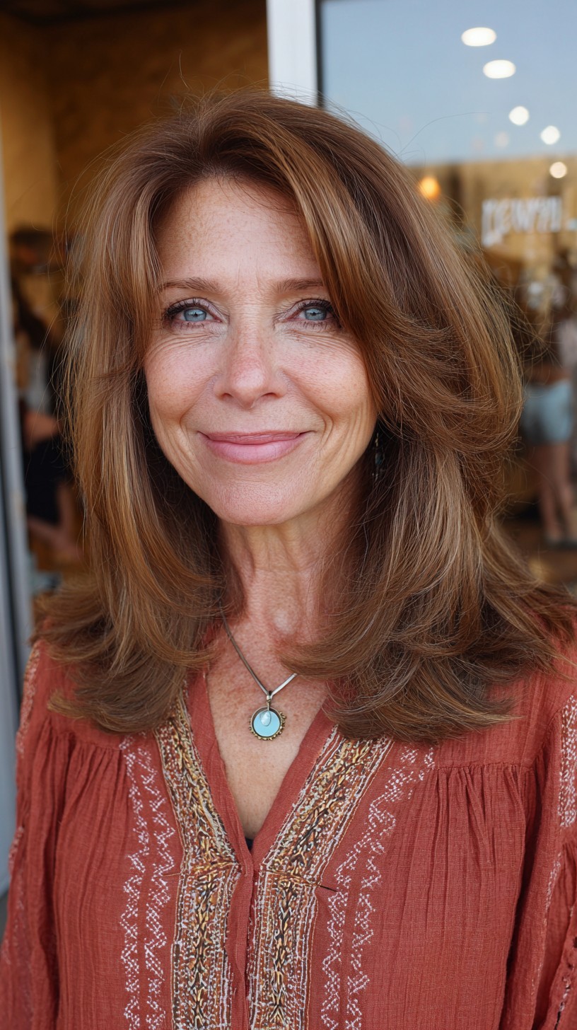 Warm Chestnut Rounded Blowout with Subtle Balayage