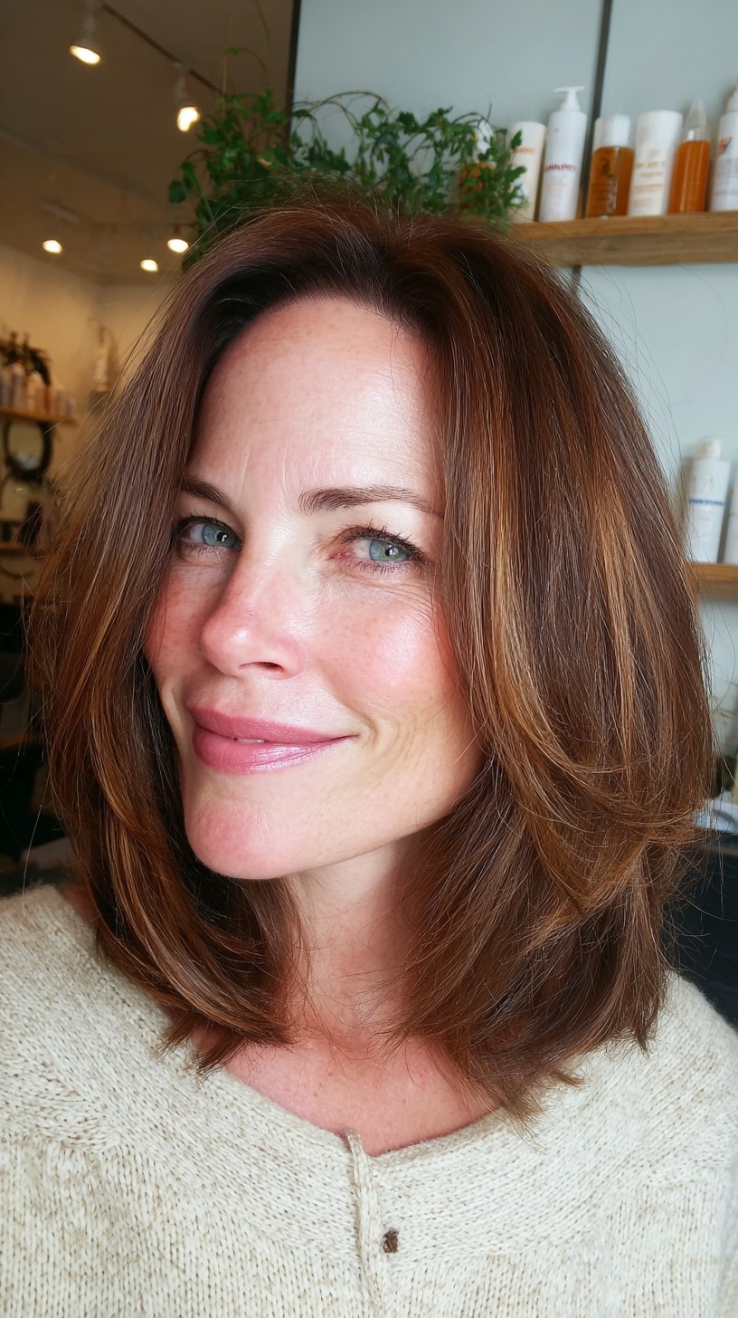 Warm Chestnut Rounded Shoulder-Length Lob with Face-Framing Interior Layers