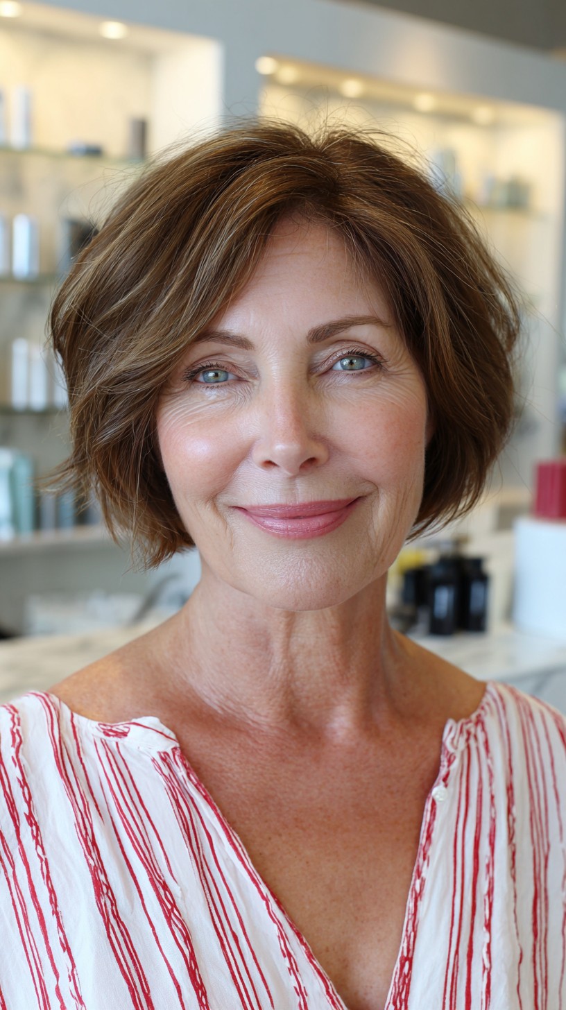 Warm Chestnut Textured Chin-Length Bob with Soft Side-Swept Layers