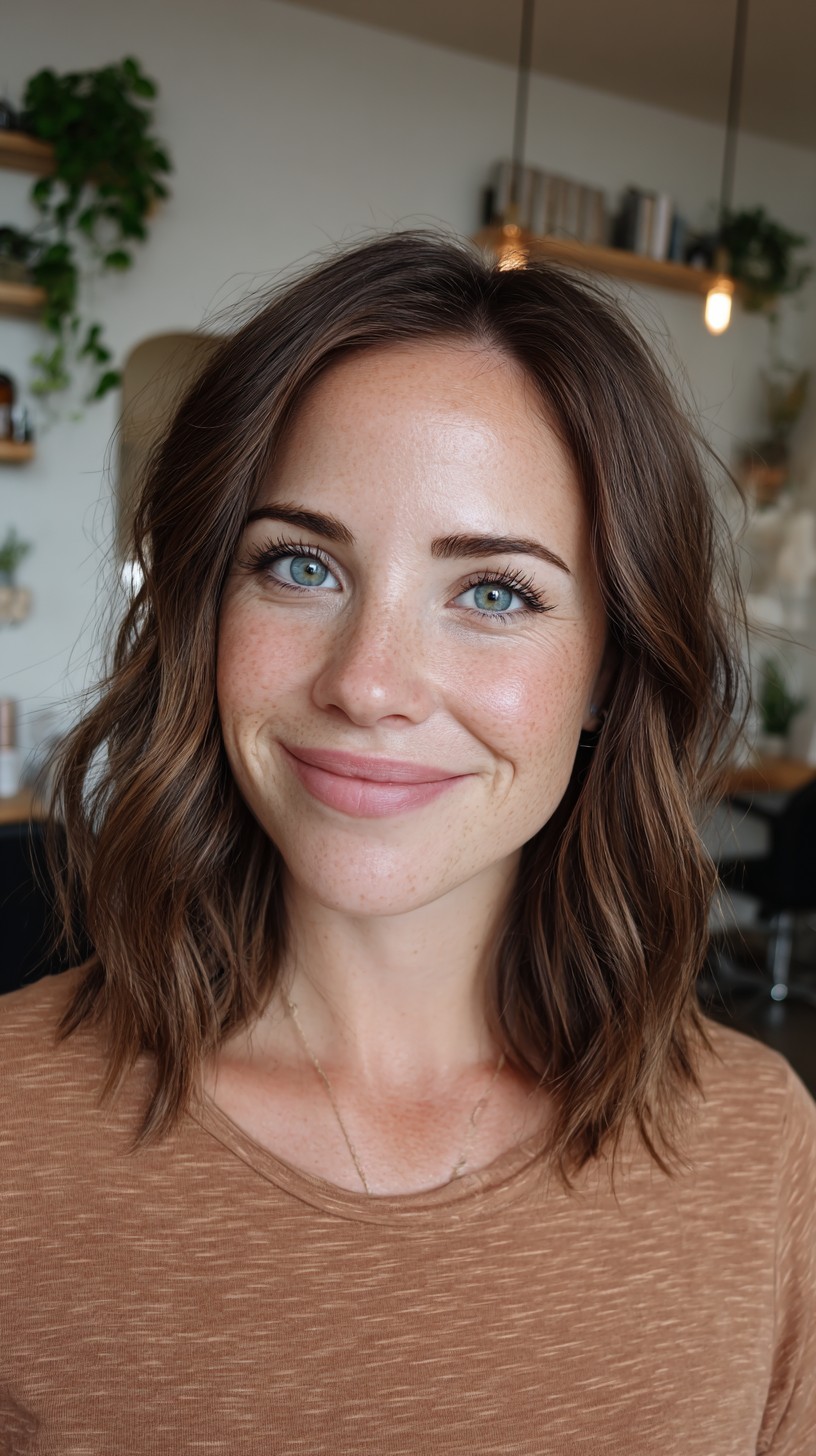 Warm Chestnut Wavy Collarbone Lob with Soft Side-Swept Part