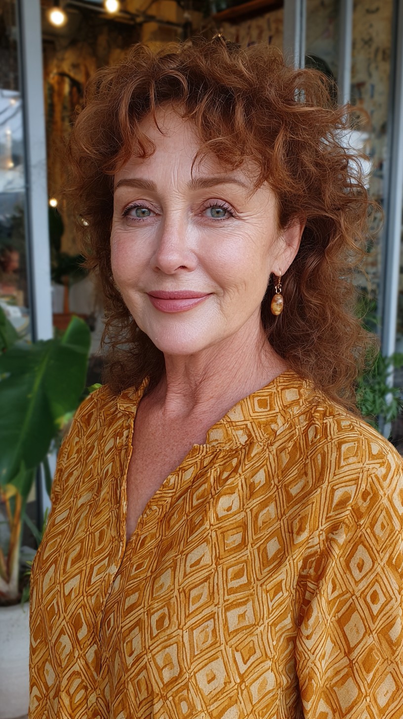 Warm Copper Curly Mid-Length Shag with Crown Lift