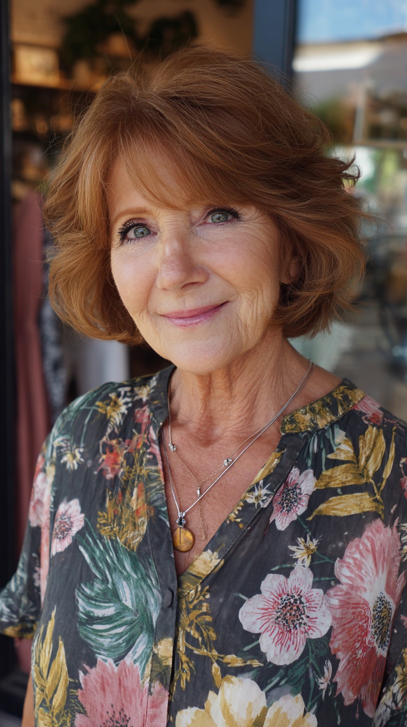 Warm Copper Feathered Jaw-Length Bob with Side-Swept Fringe