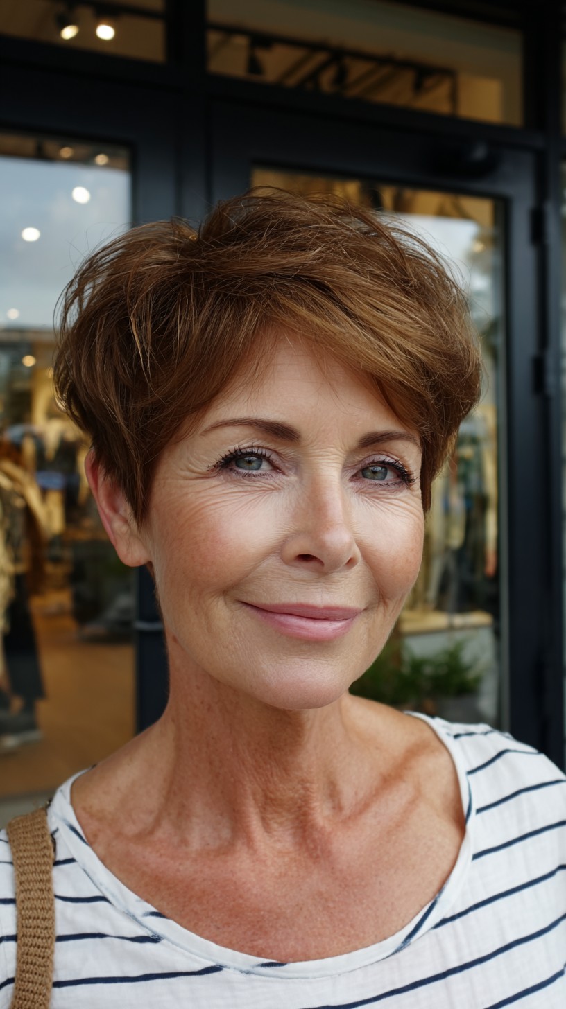 Warm Copper Short Layered Pixie with Side-Swept Fringe