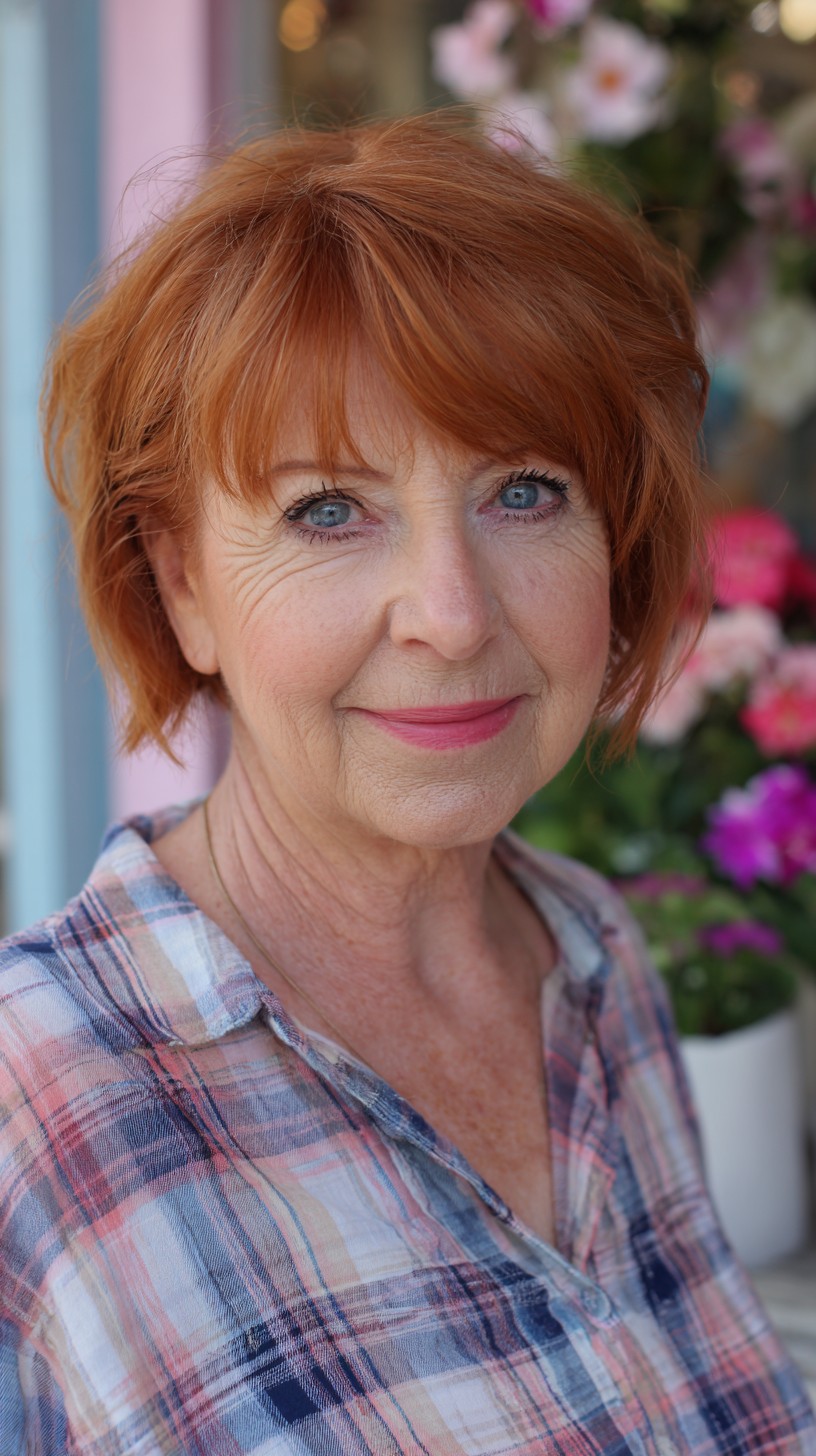 Warm Copper Textured Short Bob with Wispy Side Fringe