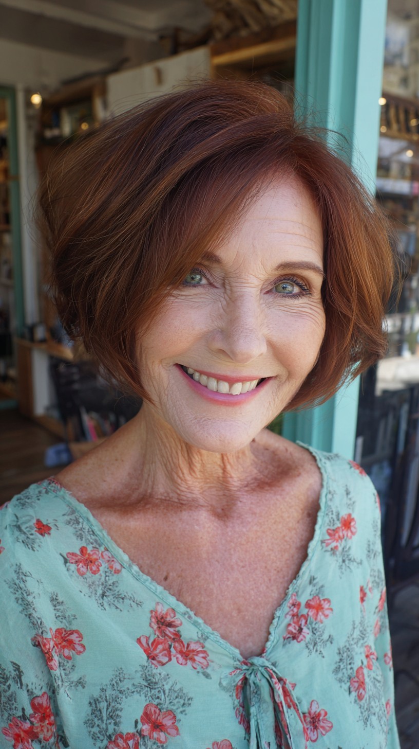 Warm Mahogany Stacked Short Bob with Face-Framing Pivot