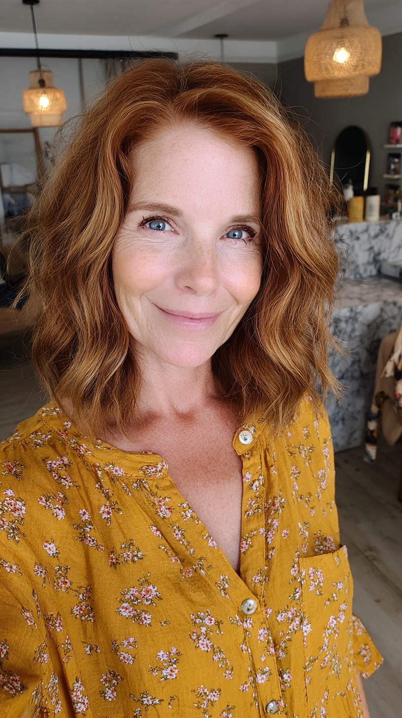 Wavy Copper Shoulder-Length Lob with Soft Interior Layers