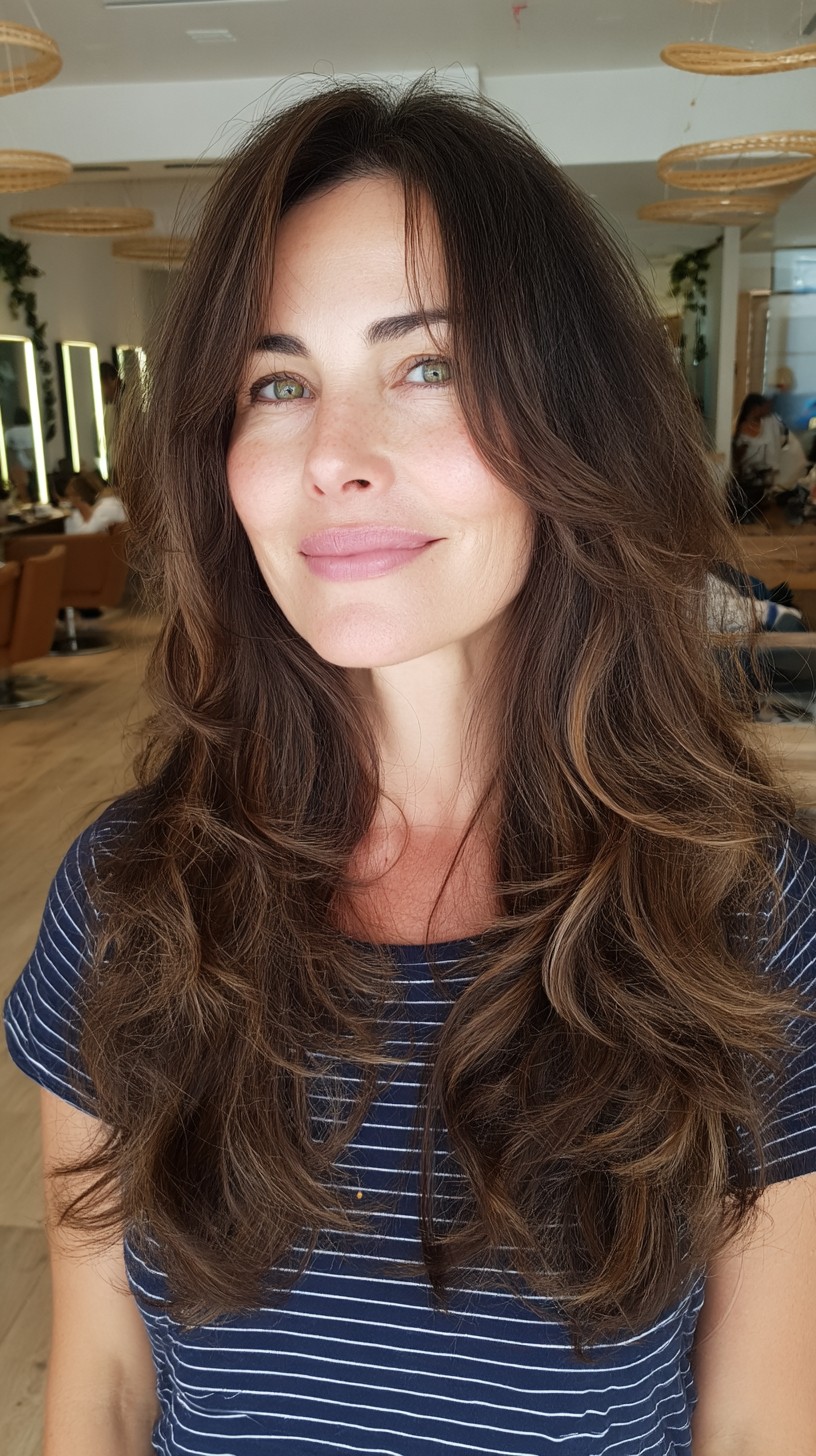 Brunette Face‑Framing Long Layers with Soft Feathered Ends