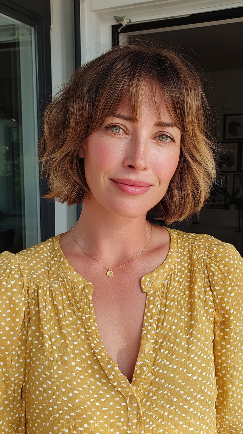 Brushed Bronde Short Bob with See-Through Blunt Bangs and Interior Texturizing