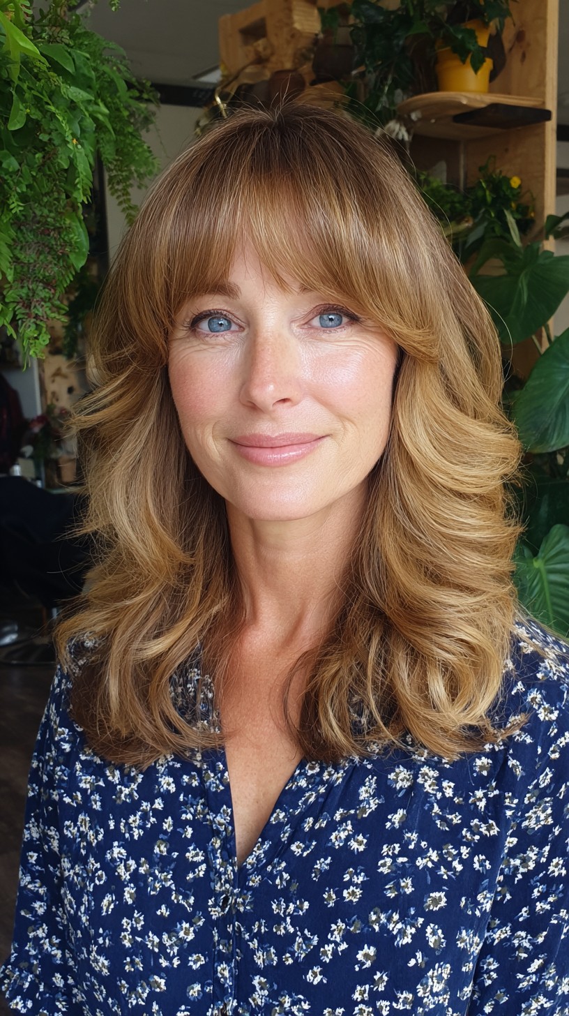 Buttery Caramel Layered Mid-Length Cut with Feathered Curtain Bangs