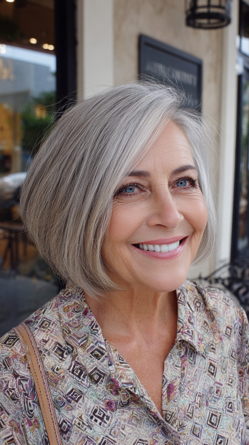 C-shaped Chin-Length Graduated Silver Bob with Side-Swept Layers