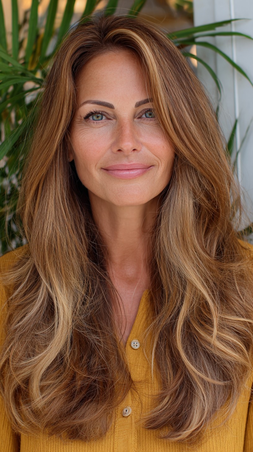 Caramel Bronde Long Layers with Feathered Interior Graduation