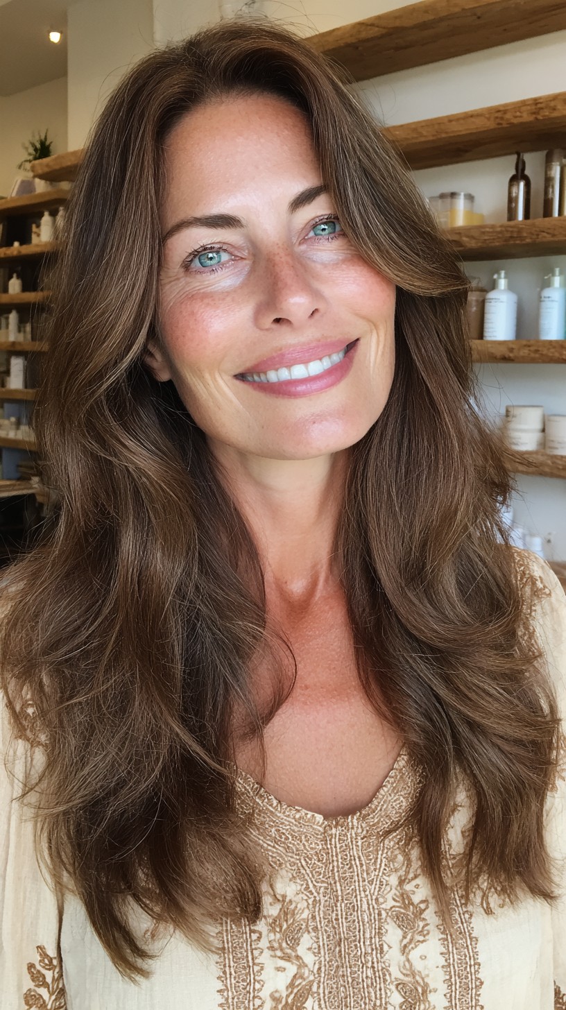 Chestnut Long Layers with Face‑Framing Scalloped Slices