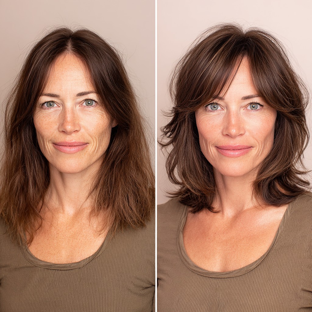 Chestnut Shoulder-Grazing Layers with Soft Center-Parted Bangs