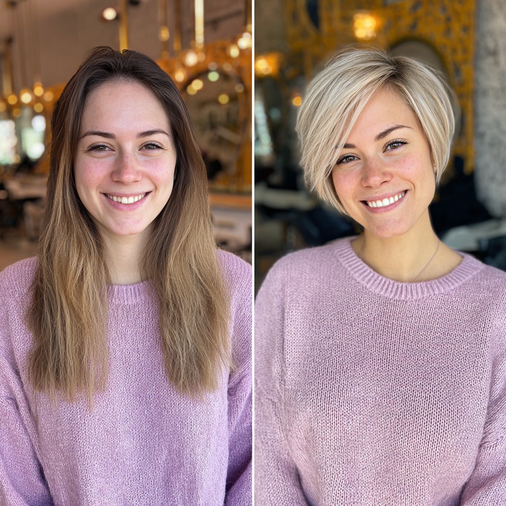 Chic Angled Pixie Bob with Root‑Smudge Blonde