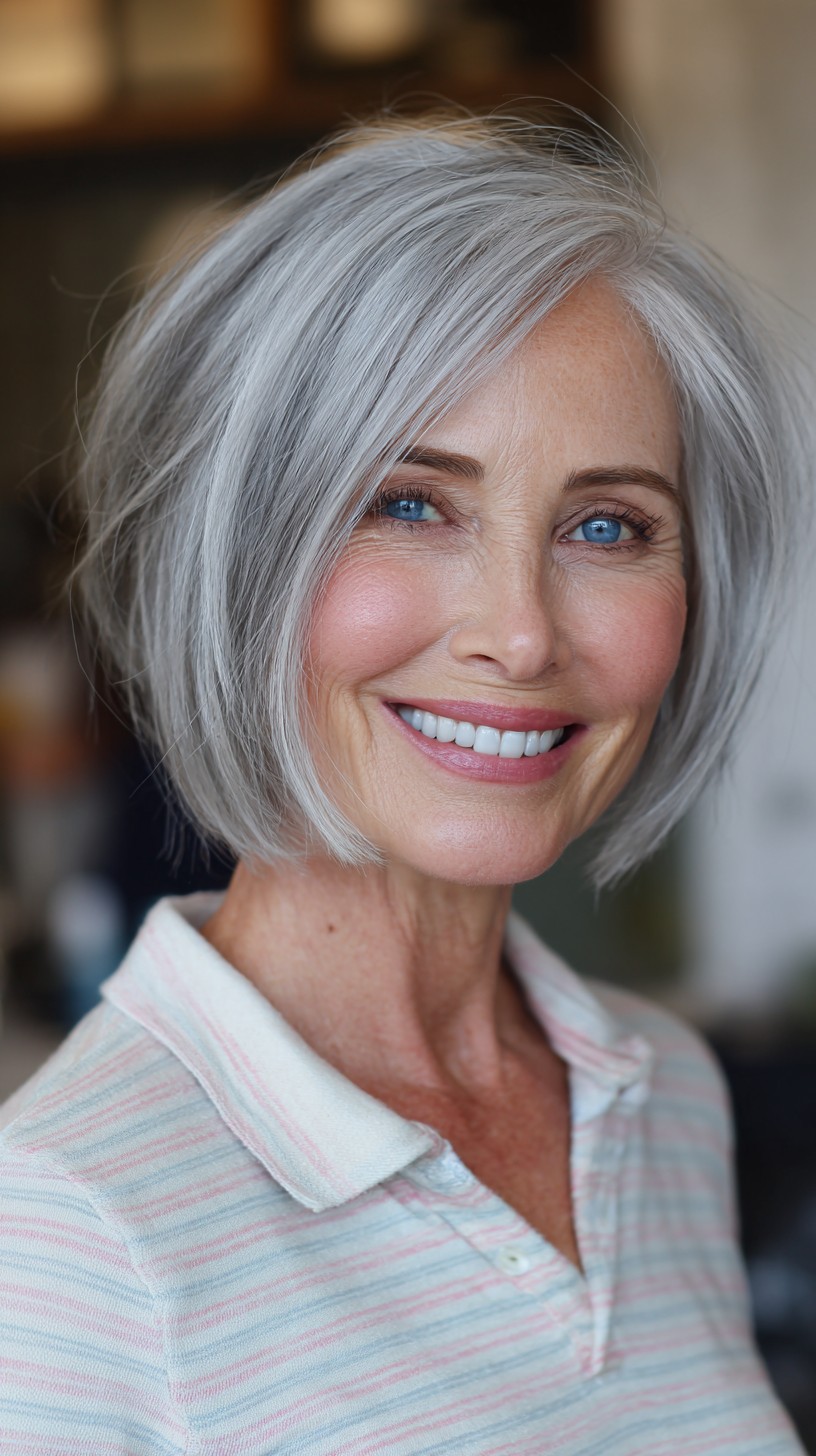 Chin-Length Angled Silver Bob with Interior Graduation
