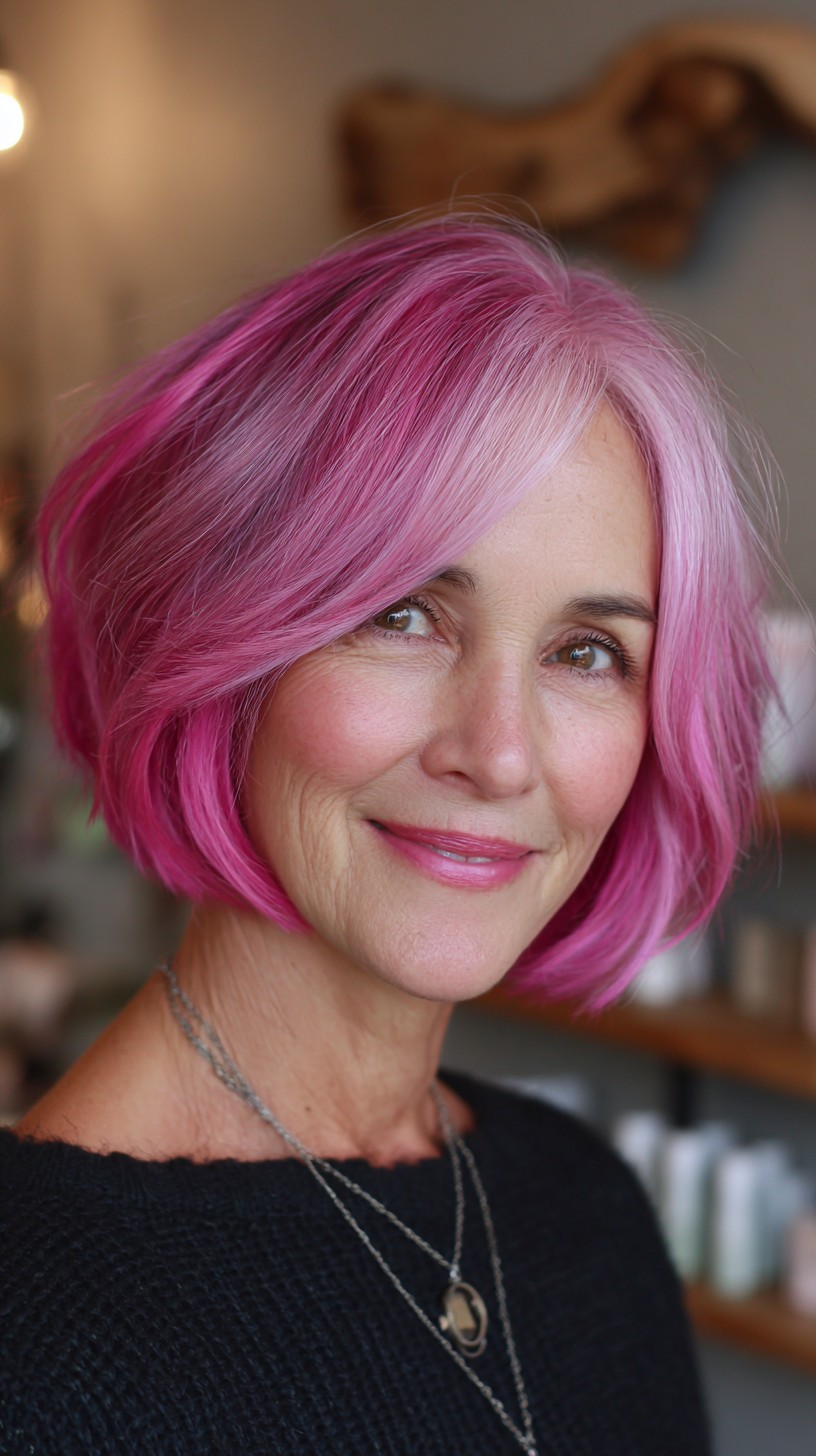 Chin-Length Pink Layered Bob with Gray Root Melt