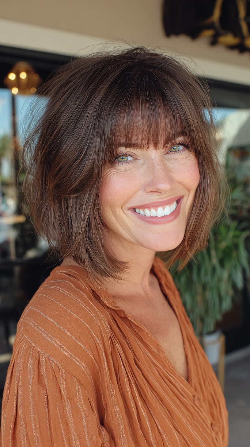 Chin-Length Textured Bob with Soft Blunt Fringe and Natural Crown Lift