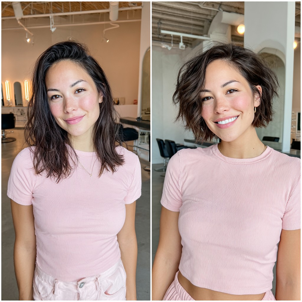Chin-Length Textured Wavy Pixie Bob with Crescent Fringe and Graduated Nape