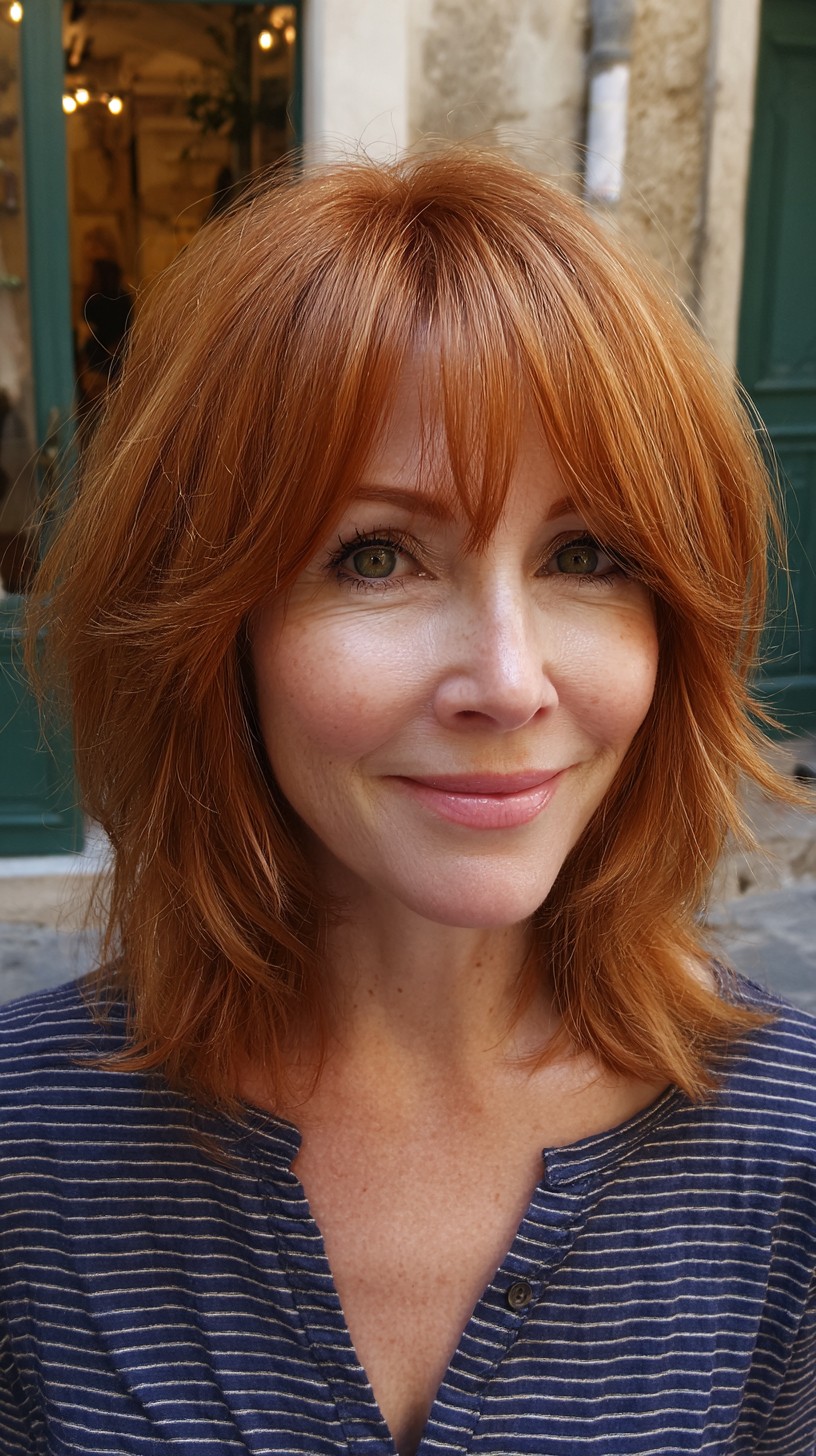 Copper Layered Shag with Wispy Curtain Bangs