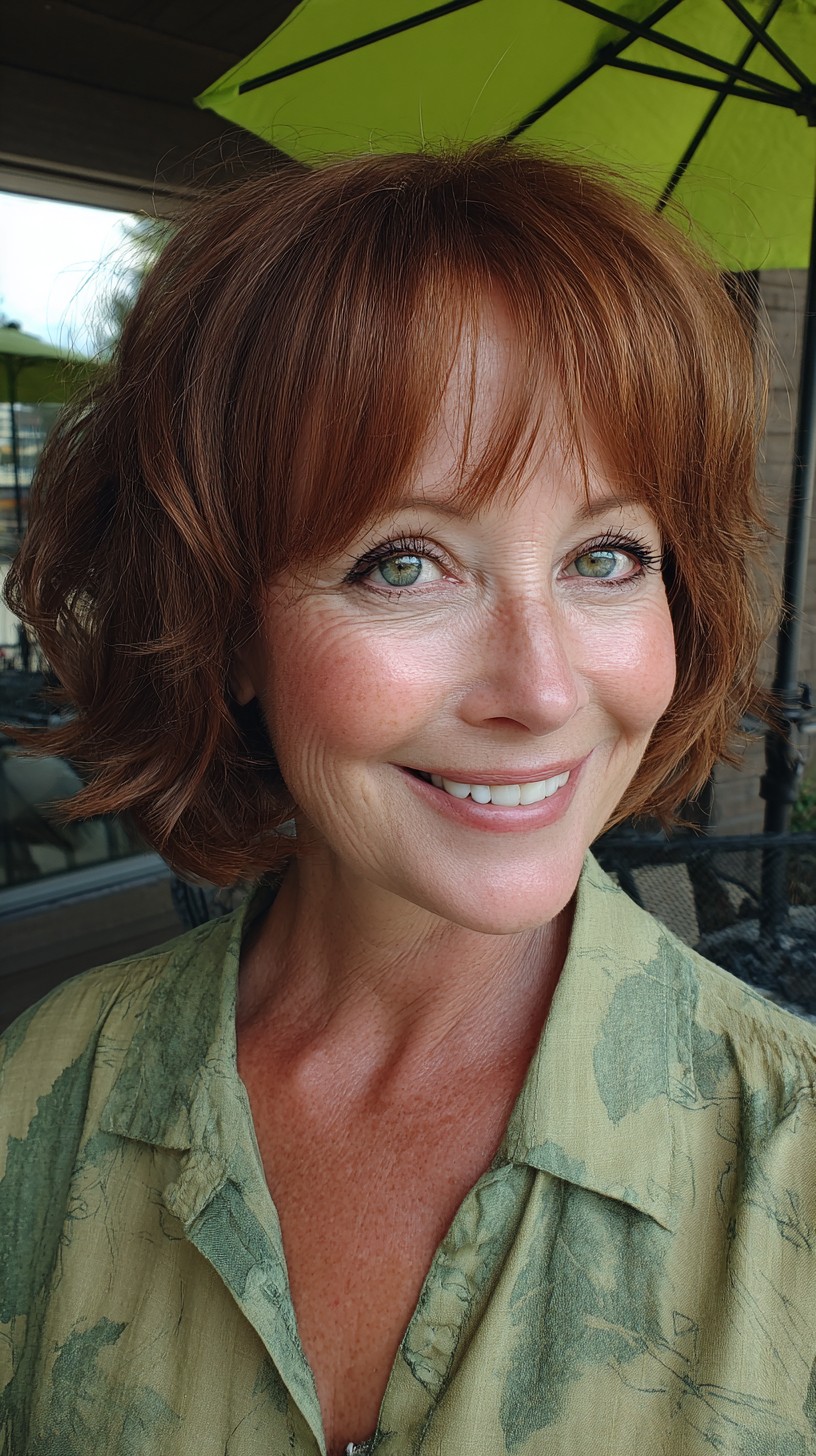 Copper Textured Chin-Length Bob with Feathered Fringe