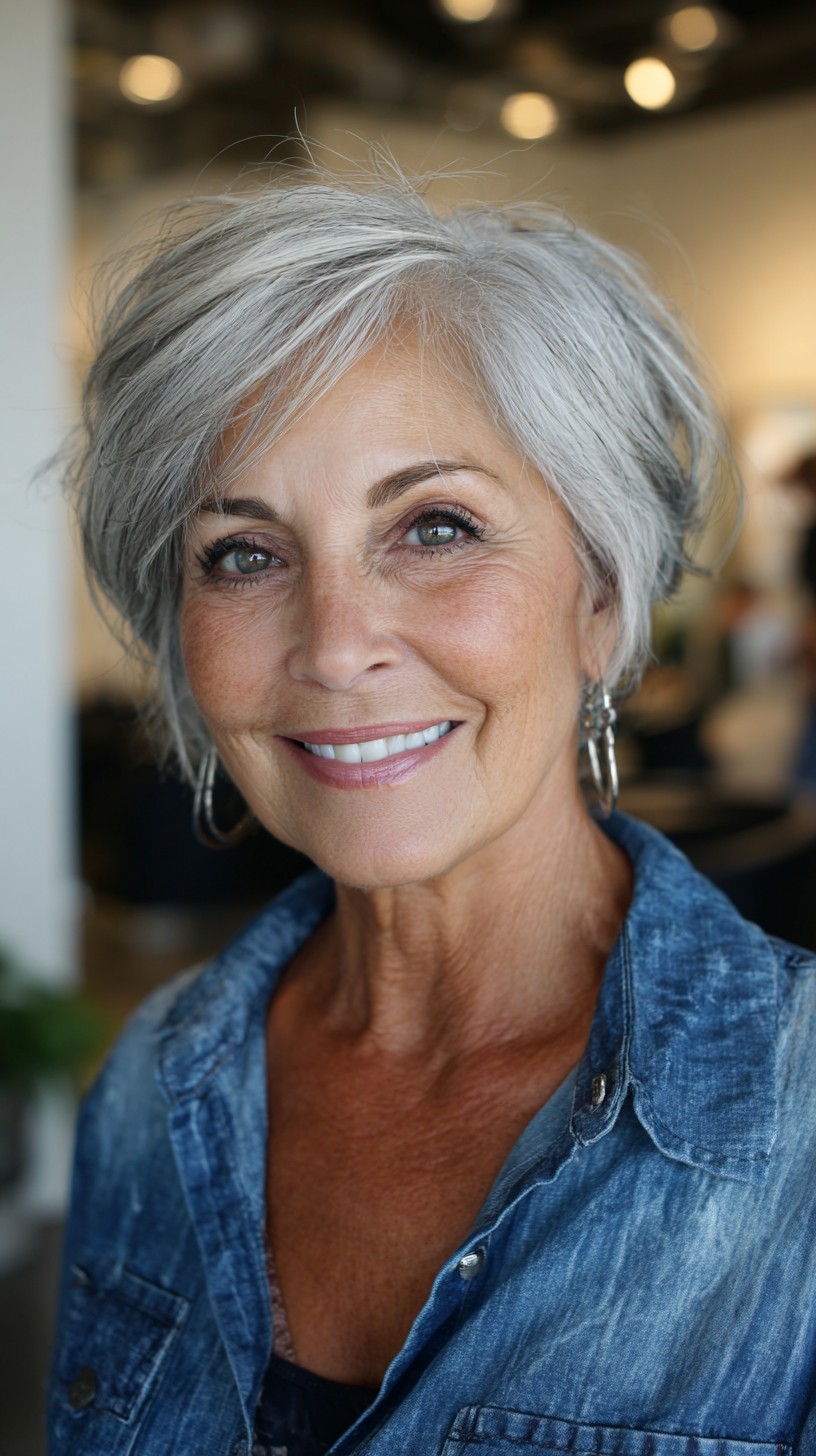 Cropped Layered Gray Pixie with Soft Side-Swept Fringe