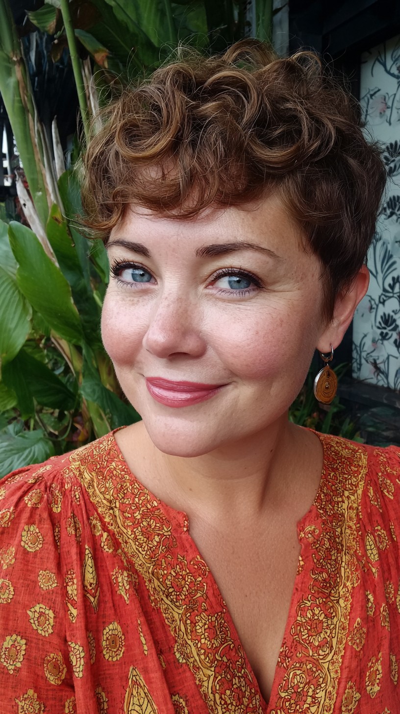 Curly Pixie Crop with Tapered Nape and Sculpted Micro-Fringe