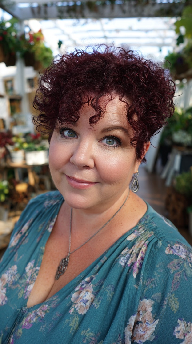 Deep Burgundy Curly Pixie with Tapered Nape and Face-Framing Coil