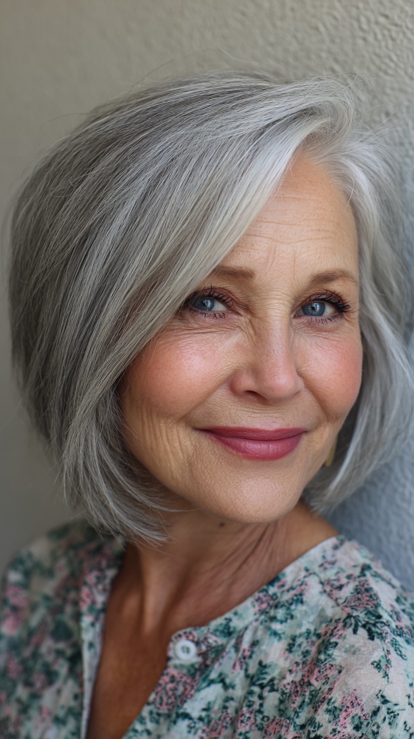 Feathered Chin-Length Silver Bob with Deep Side Part