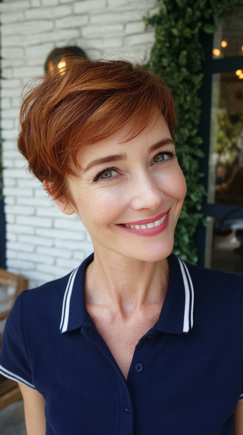 Feathered Copper Pixie with Wispy Micro Bangs and Crown Lift