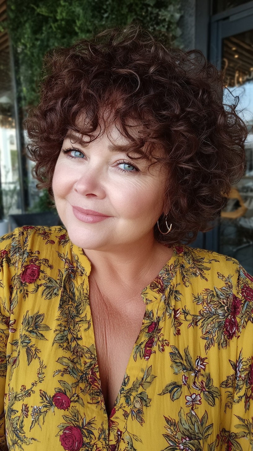 Full Curly Chestnut Crop with Soft Micro-Fringe and Graduated Nape