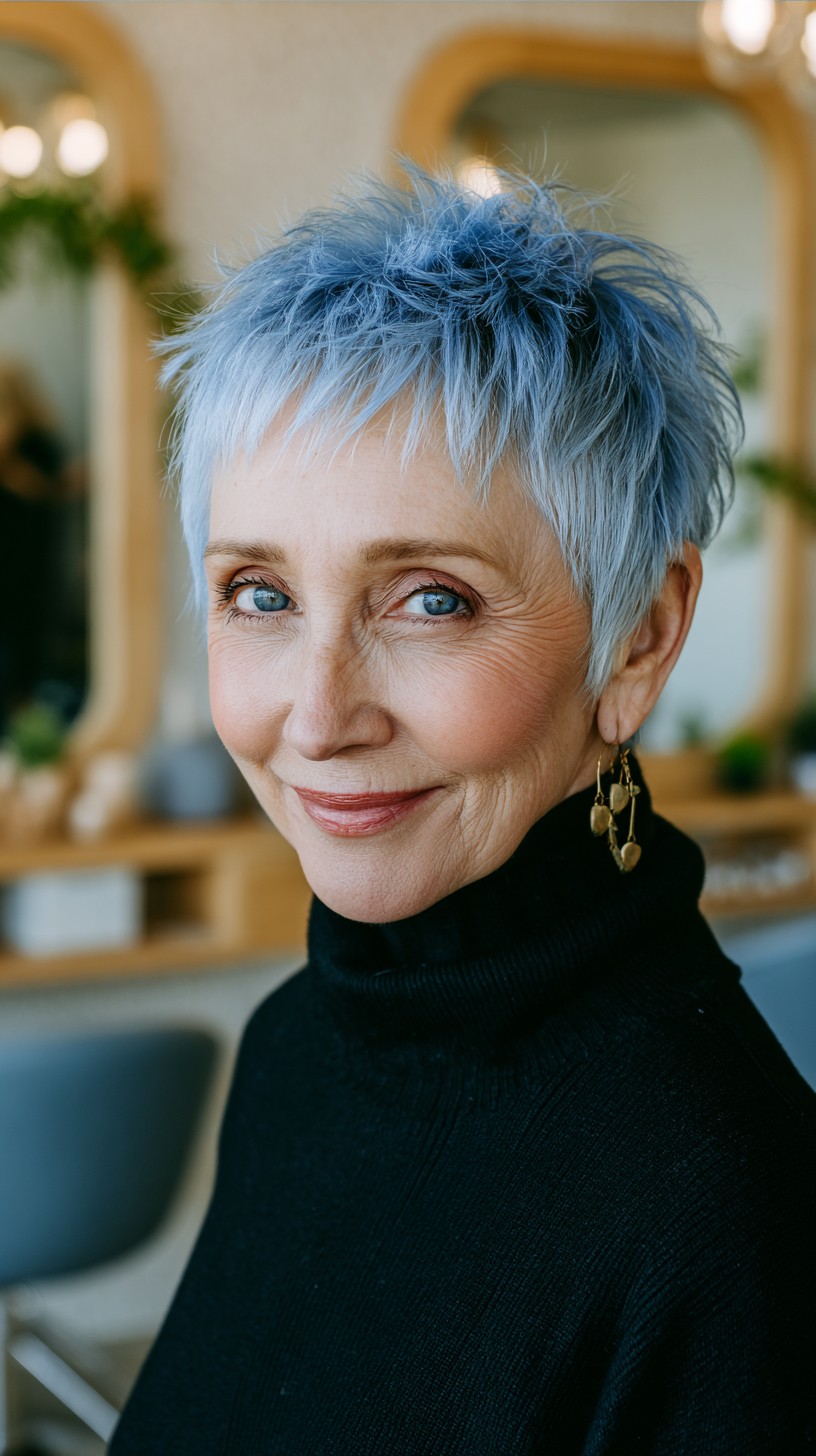 Icy Blue Textured Pixie with Micro-Bangs
