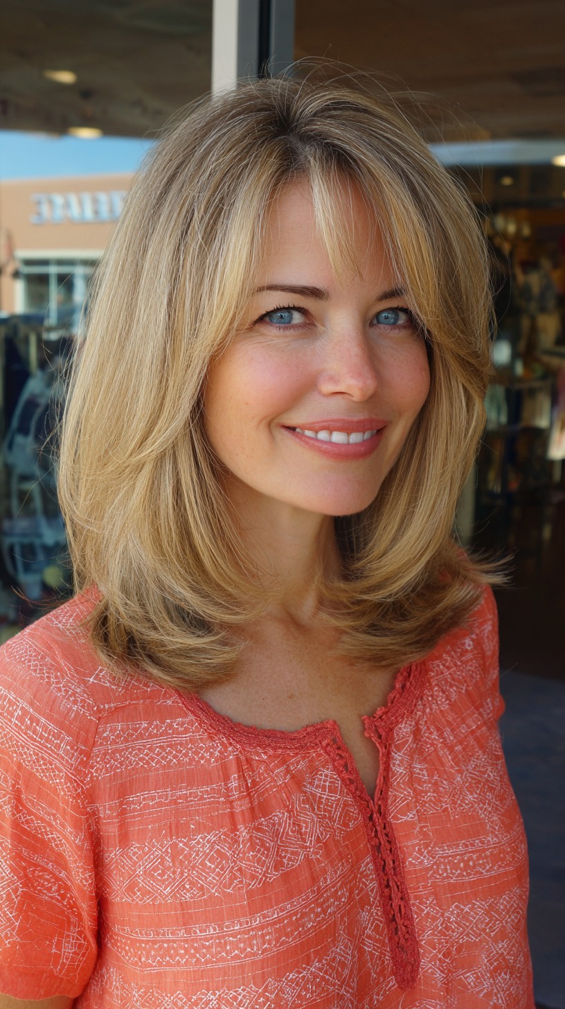 Layered Shoulder-Length Bronde with Feathered Ends and Wispy Center-Parted Fringe